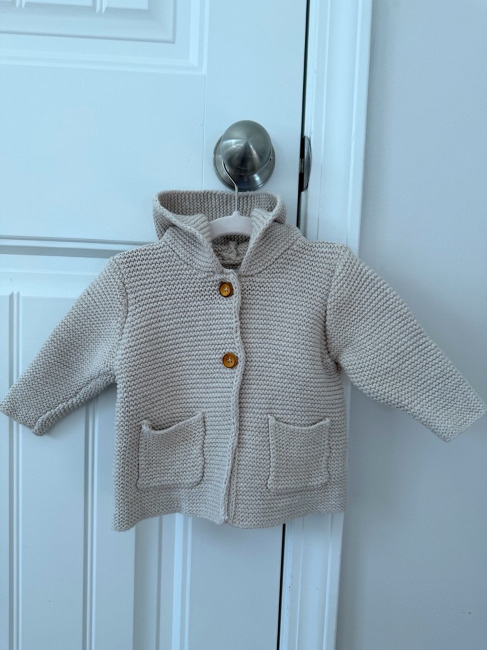 Zara Beige Knit Hooded Baby Cardigan with Wooden Buttons